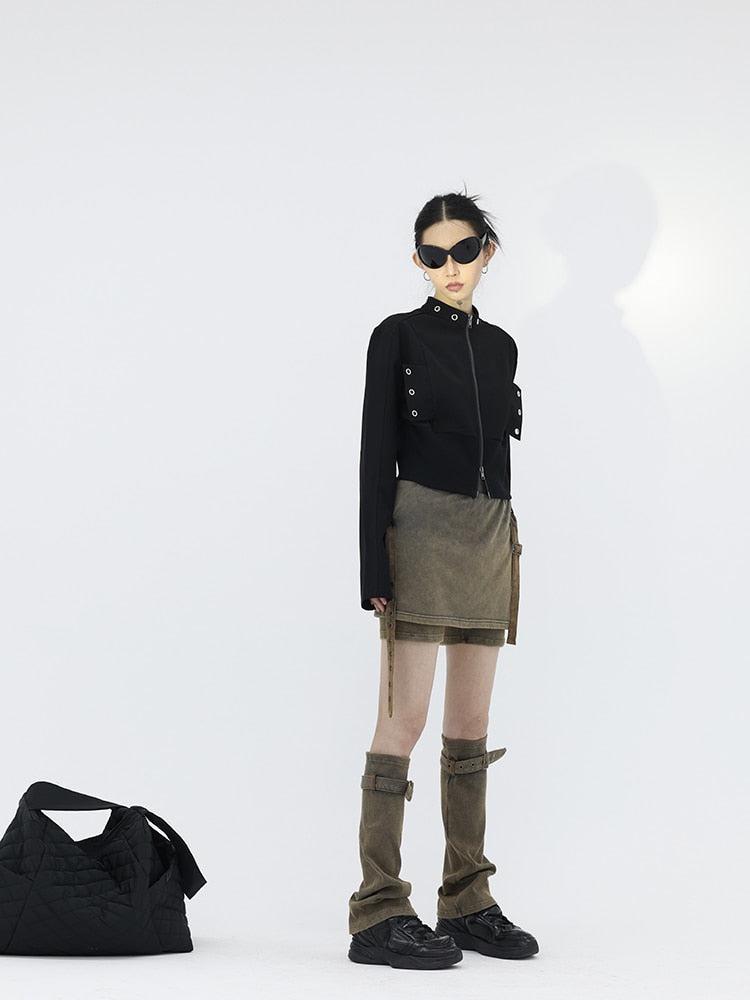 Style Core Aesthetics, New Style Trends - Belt Detail Denim Mini Skort With Leg Warmer Style Core Aesthetics, New Style Trends - Belt Detail Denim Mini Skort With Leg Warmer