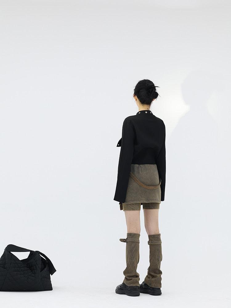 Style Core Aesthetics, New Style Trends - Belt Detail Denim Mini Skort With Leg Warmer Style Core Aesthetics, New Style Trends - Belt Detail Denim Mini Skort With Leg Warmer