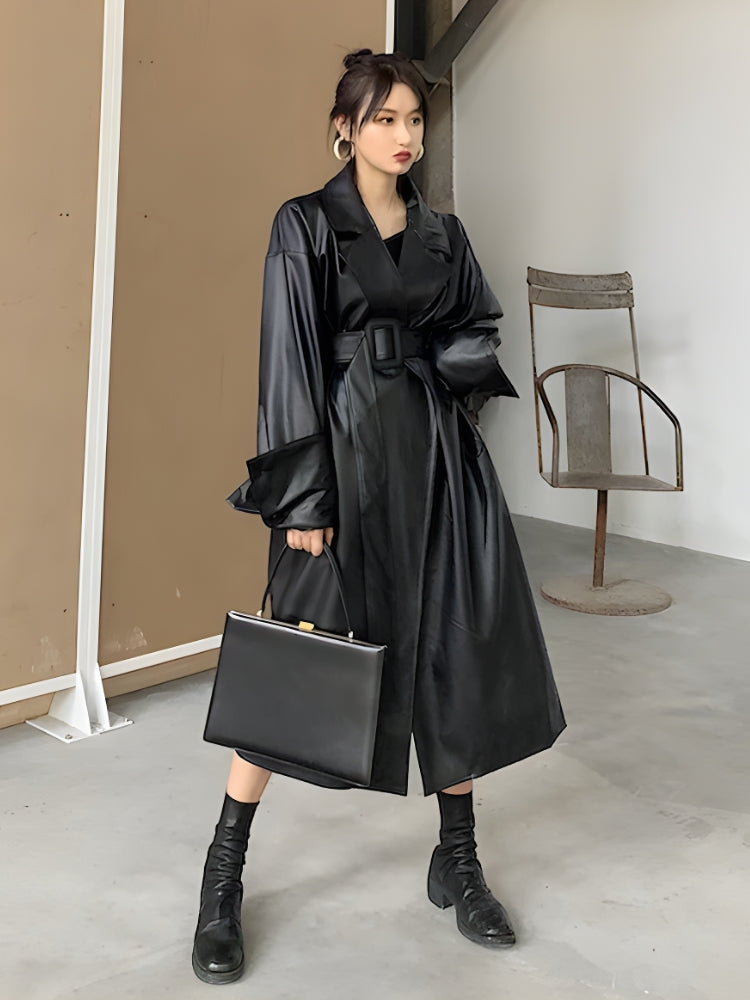 Style Core Aesthetics, New Style Trends - Belted Faux Leather Coat