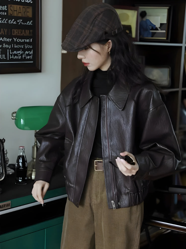 Style Core Aesthetics, New Style Trends - Brown Faux Leather Jacket