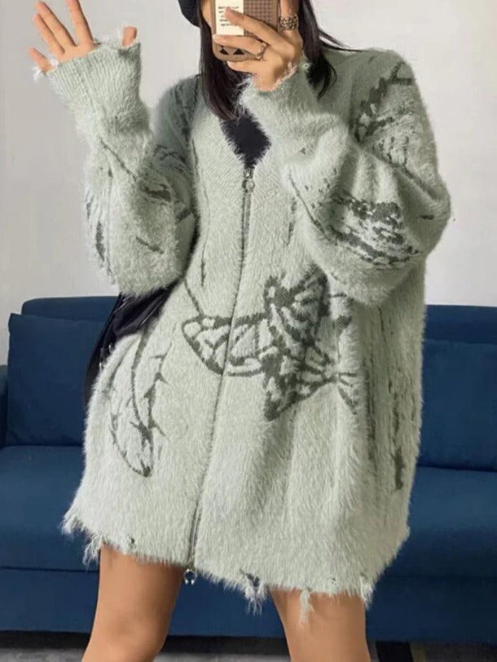 Style Core Aesthetics, New Style Trends - Cardigan ample imprimé à col en V et fermeture éclair