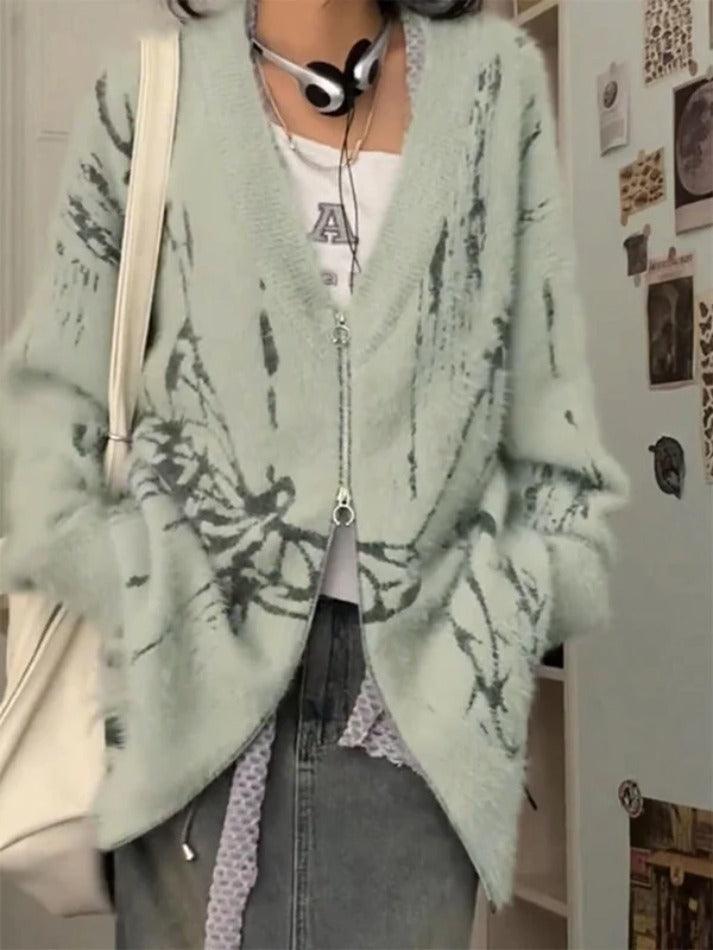 Style Core Aesthetics, New Style Trends - Cardigan ample imprimé à col en V et fermeture éclair