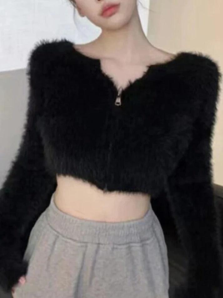 Style Core Aesthetics, New Style Trends - Cardigan court en peluche à col en V de couleur unie