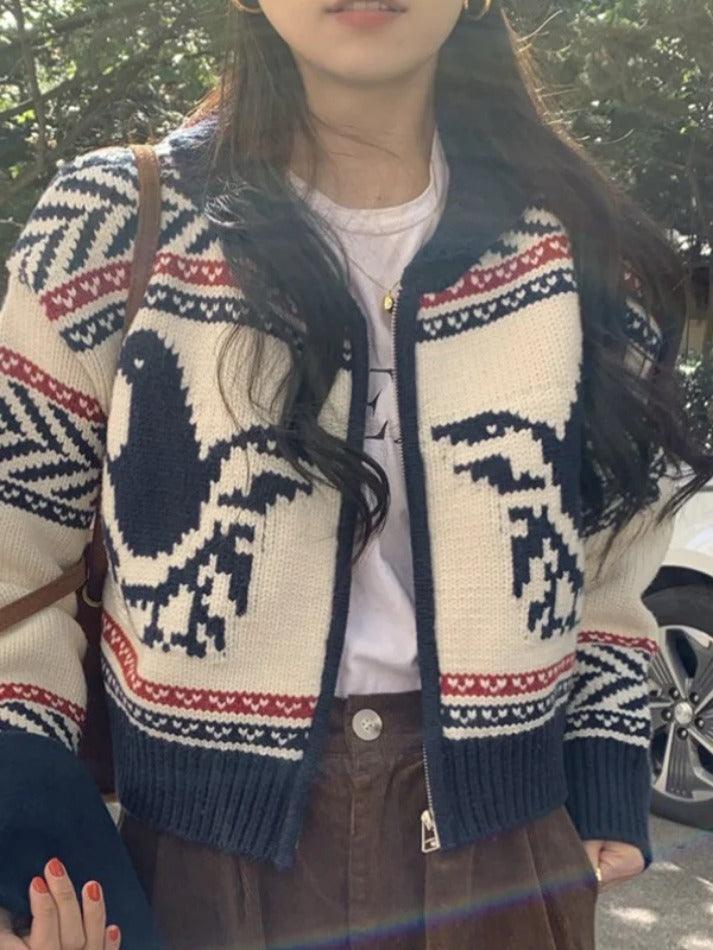 Style Core Aesthetics, New Style Trends - Cardigan court en tricot zippé à imprimé vintage