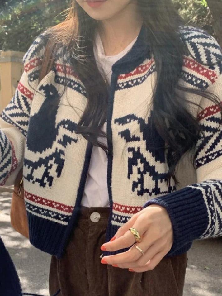 Style Core Aesthetics, New Style Trends - Cardigan court en tricot zippé à imprimé vintage