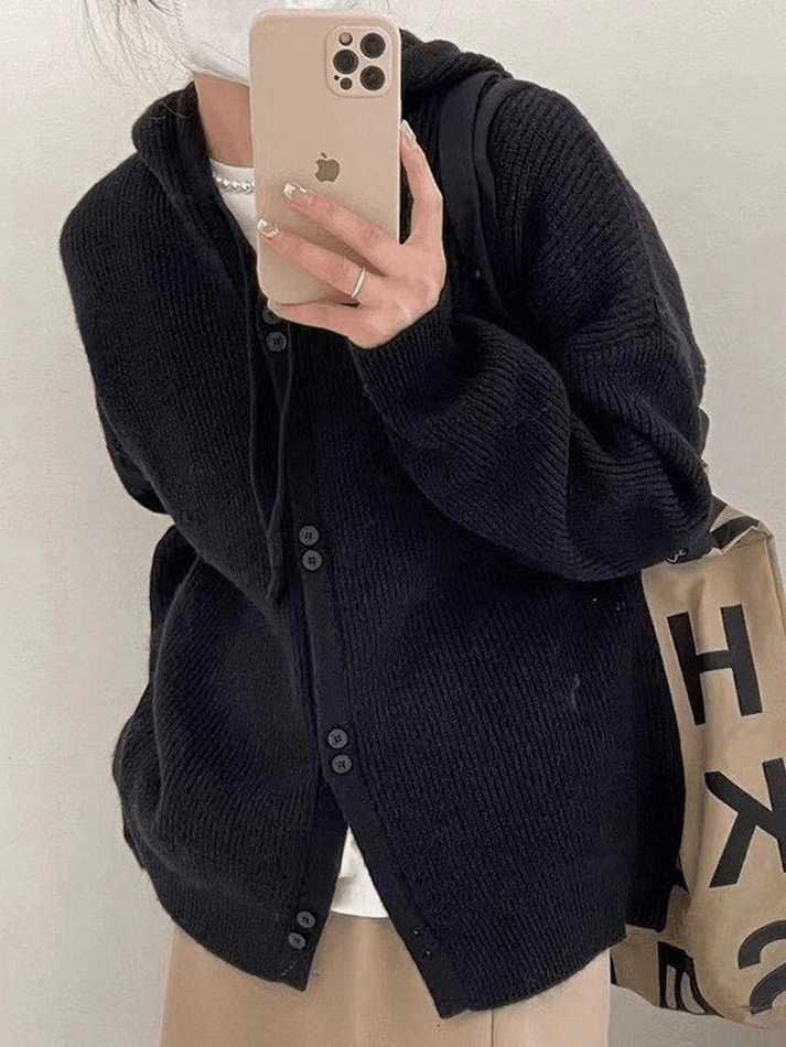 Style Core Aesthetics, New Style Trends - Cardigan en tricot à capuche boutonné sur le devant