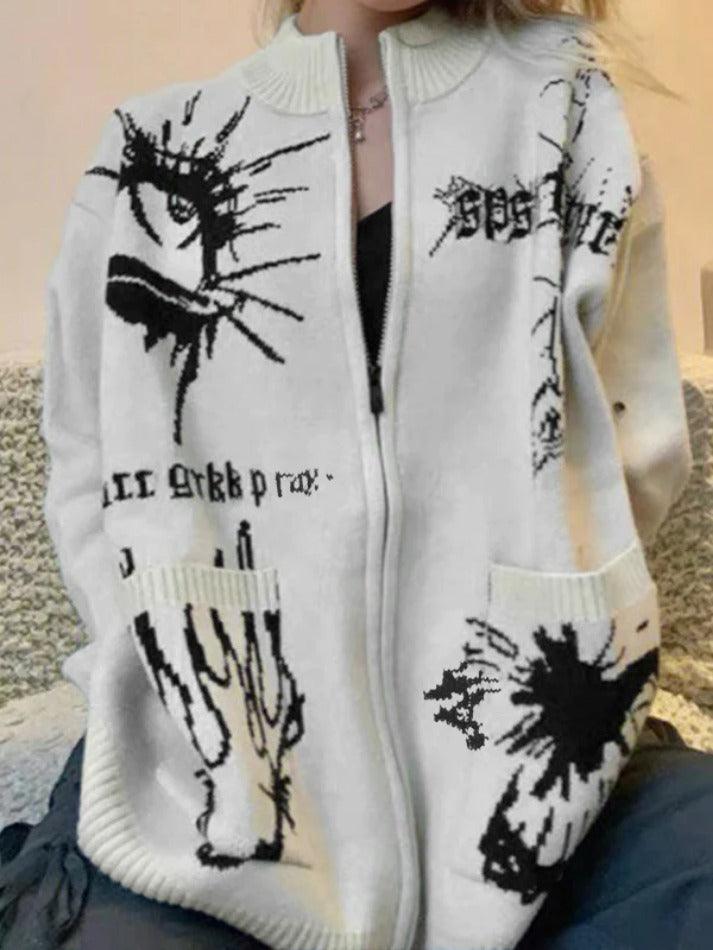 Style Core Aesthetics, New Style Trends - Cardigan en tricot à grandes poches et imprimé différent