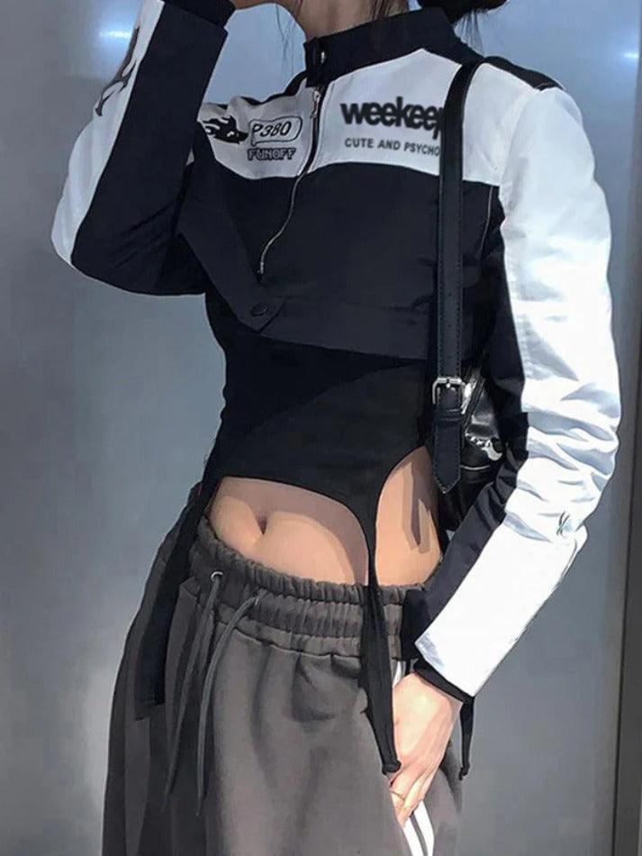 Style Core Aesthetics, New Style Trends - Contrast Color Print Collar Neck Short Jacket