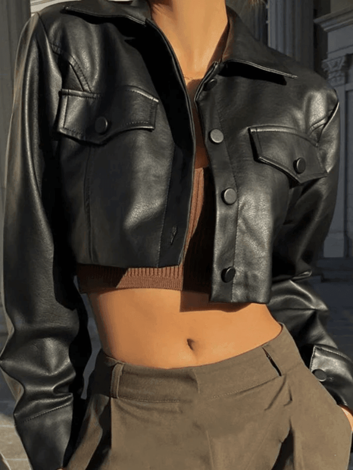 Style Core Aesthetics, New Style Trends - Cropped Black Faux Leather Biker Jacket
