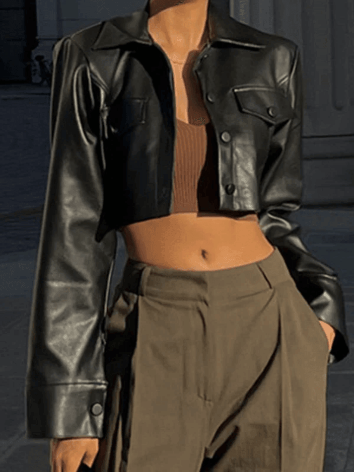 Style Core Aesthetics, New Style Trends - Cropped Black Faux Leather Biker Jacket