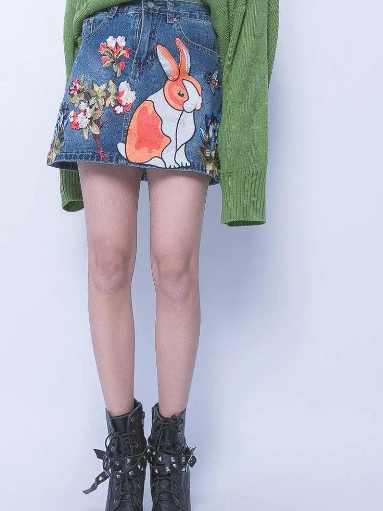 Style Core Aesthetics, New Style Trends - Cute Rabbit Denim Mini Skirt