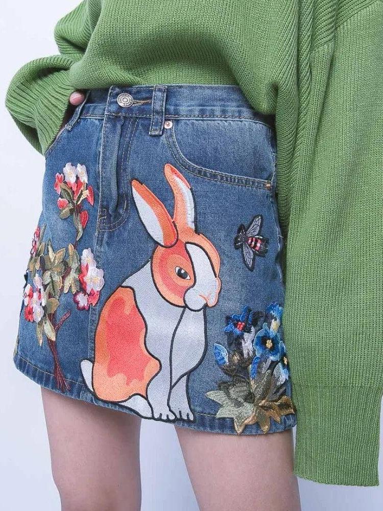 Style Core Aesthetics, New Style Trends - Cute Rabbit Denim Mini Skirt