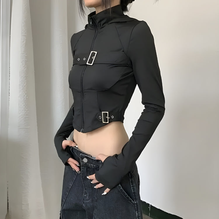 Style Core Aesthetics, New Style Trends - Cyberpunk Belted Zip-Up Crop Jacket