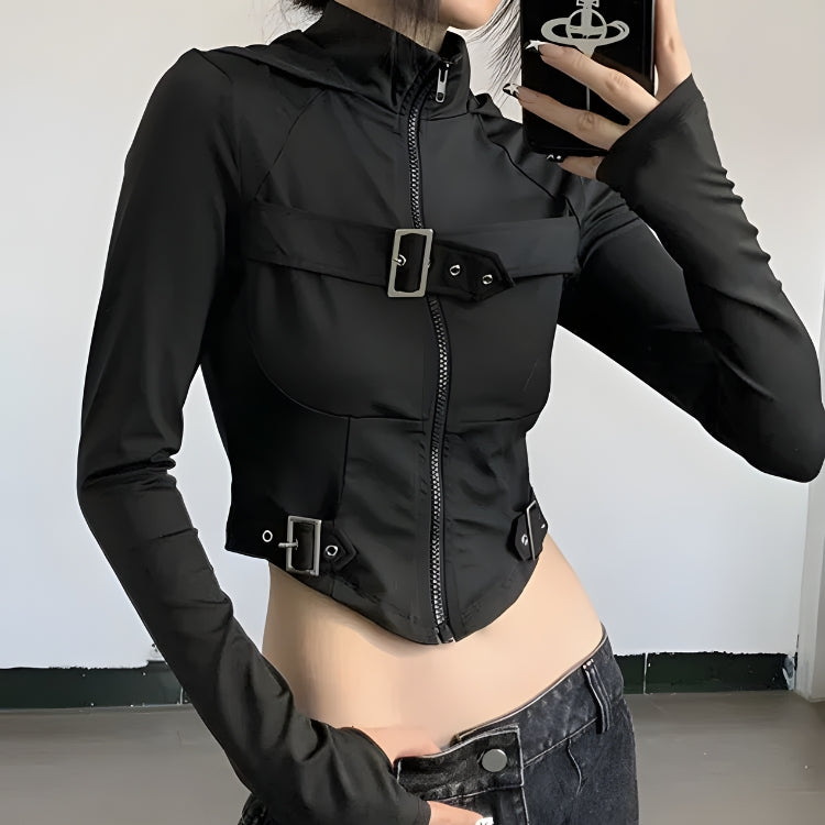 Style Core Aesthetics, New Style Trends - Cyberpunk Belted Zip-Up Crop Jacket