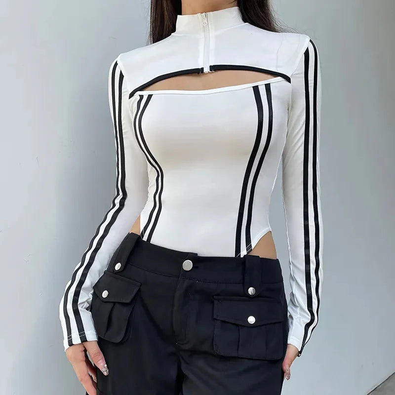 Style Core Aesthetics, New Style Trends - Cyberpunk Striped Cut Out Bodysuit