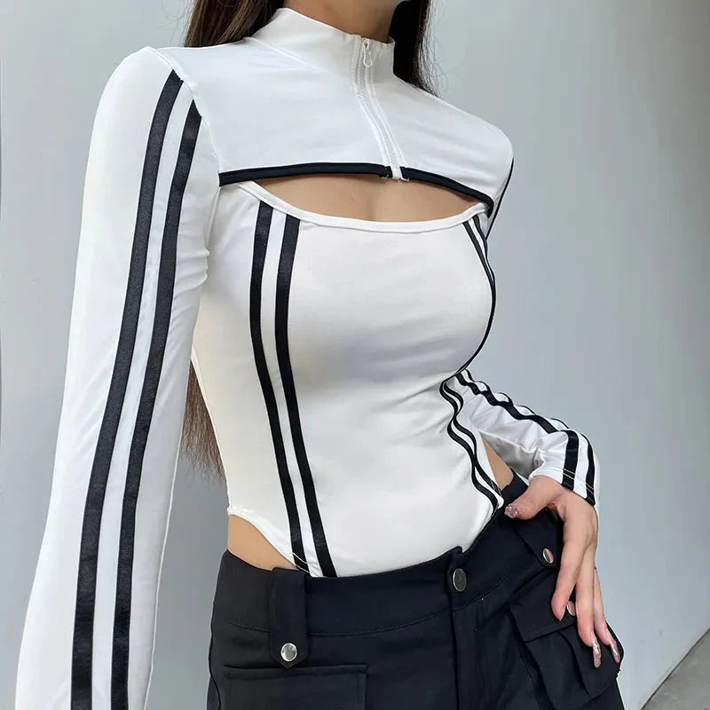 Style Core Aesthetics, New Style Trends - Cyberpunk Striped Cut Out Bodysuit Style Core Aesthetics, New Style Trends - Cyberpunk Striped Cut Out Bodysuit