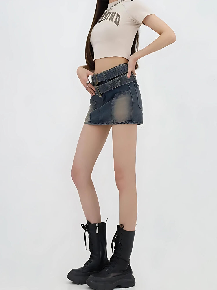 Style Core Aesthetics, New Style Trends - Double Belted Denim Mini Skort