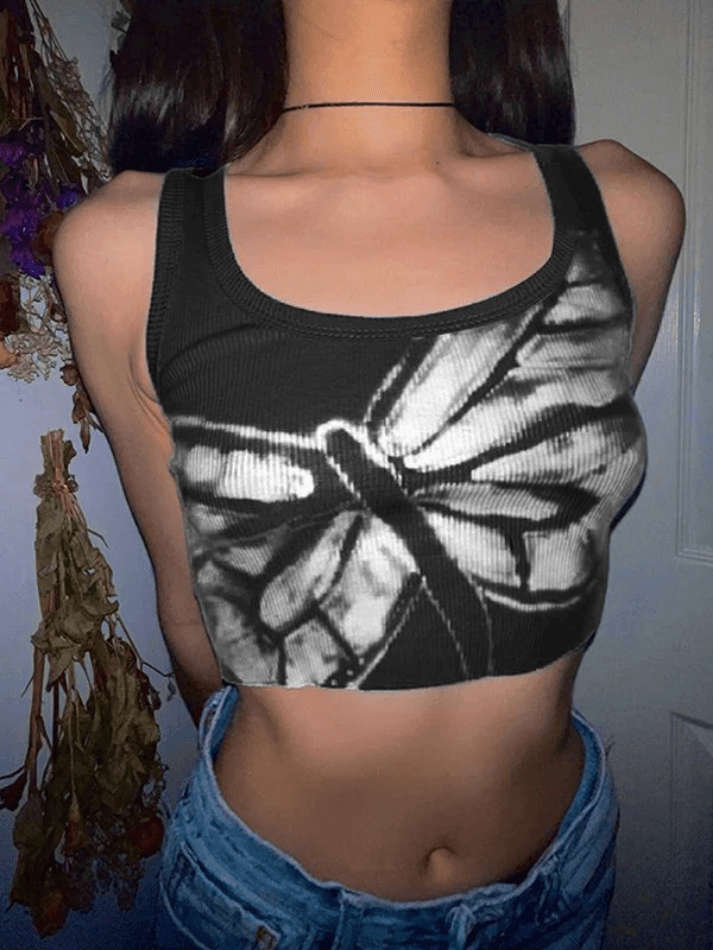 Style Core Aesthetics, New Style Trends - Dragonfly Print Ribbed Cropped Tank Top