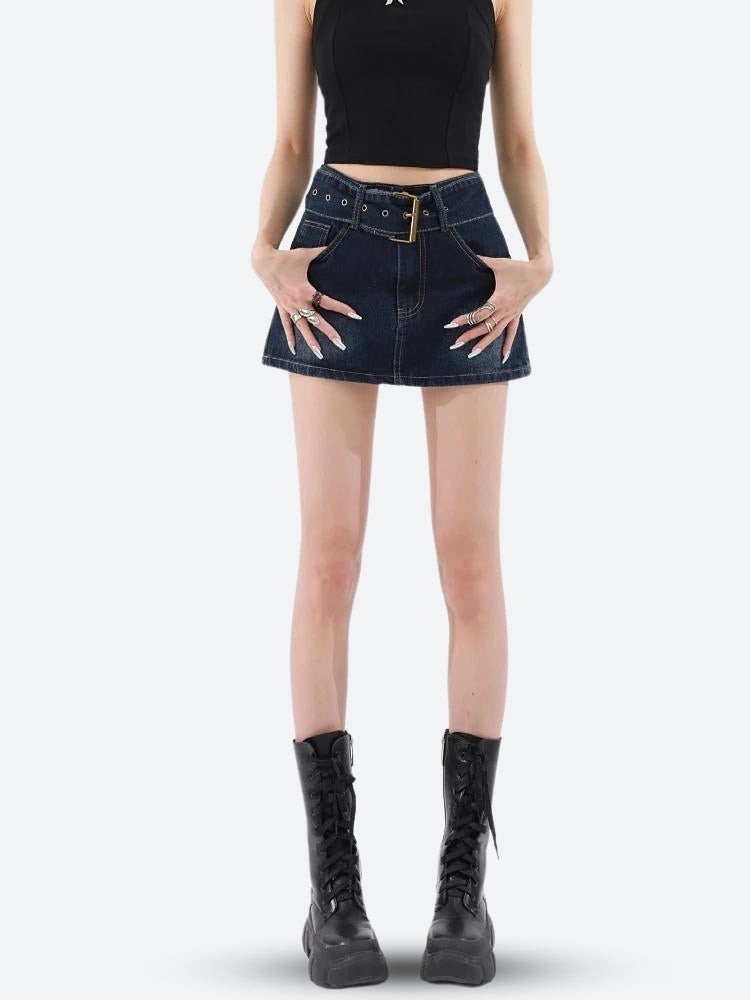 Style Core Aesthetics, New Style Trends - Grunge Belted Denim Mini Skirt