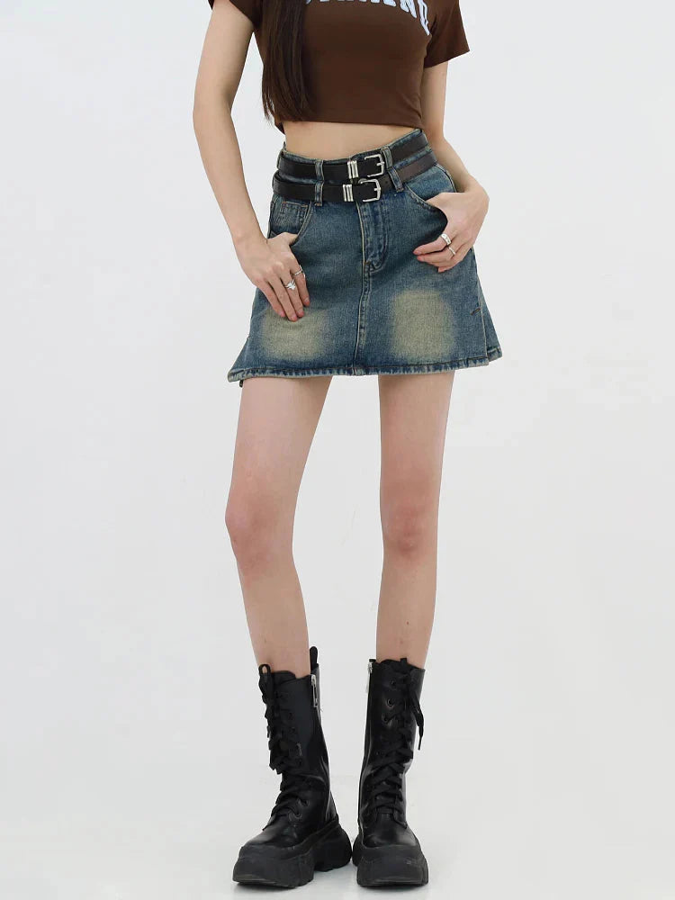 Style Core Aesthetics, New Style Trends - Grunge Double Belt Loop Denim Mini Skirt