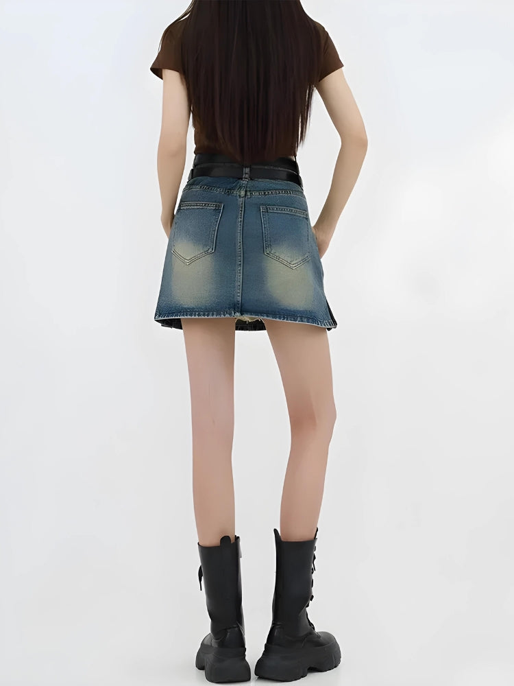Style Core Aesthetics, New Style Trends - Grunge Double Belt Loop Denim Mini Skirt