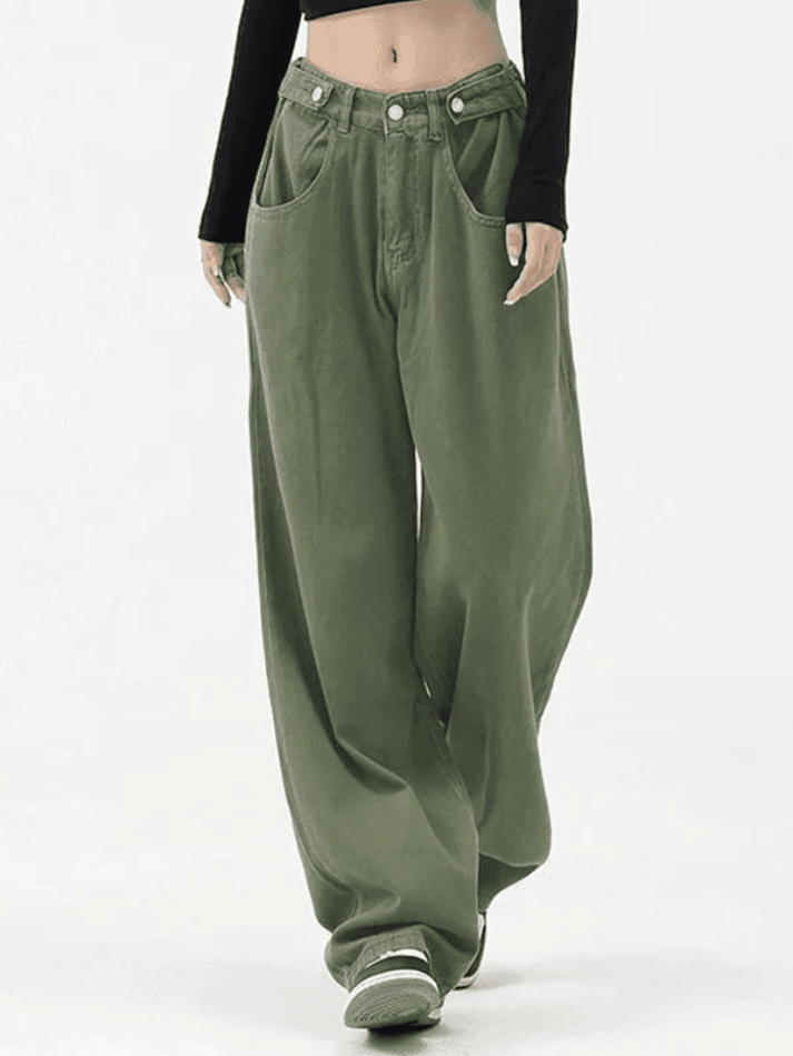 Style Core Aesthetics, New Style Trends - Jean boyfriend baggy vert boutonné