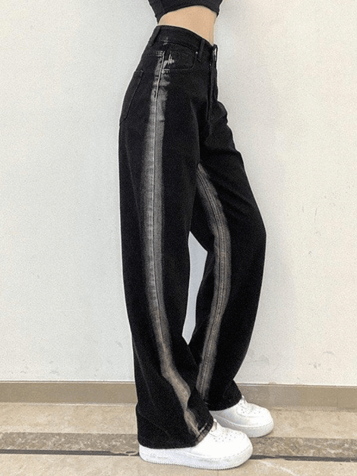 Style Core Aesthetics, New Style Trends - Jean boyfriend rayé noir délavé