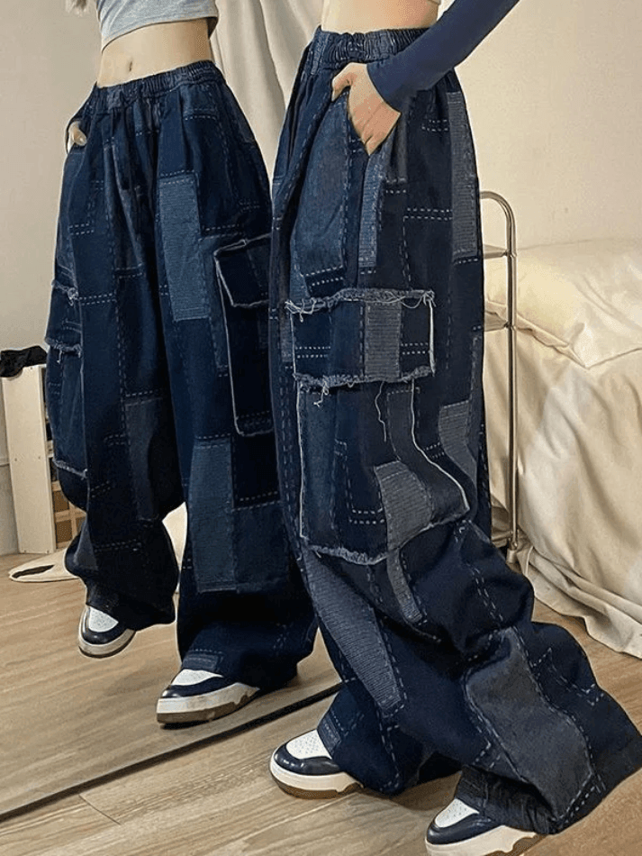Style Core Aesthetics, New Style Trends - Jean cargo baggy à carreaux bleu vintage