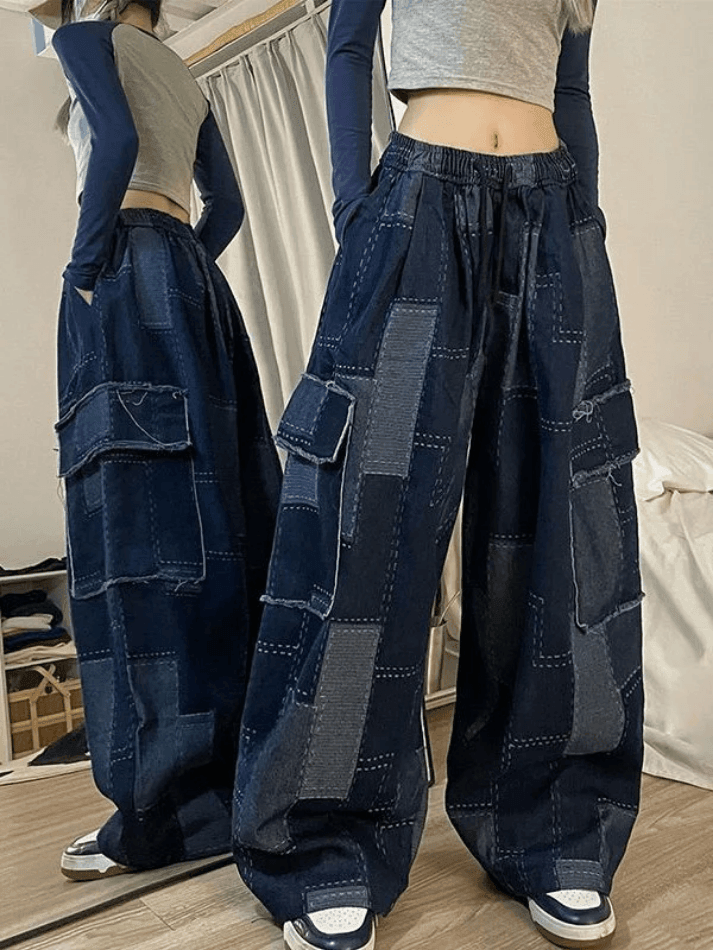 Style Core Aesthetics, New Style Trends - Jean cargo baggy à carreaux bleu vintage