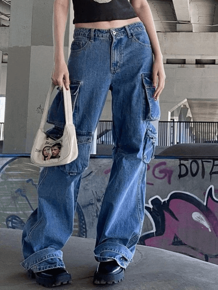 Style Core Aesthetics, New Style Trends - Jean cargo baggy à poches délavées vintage