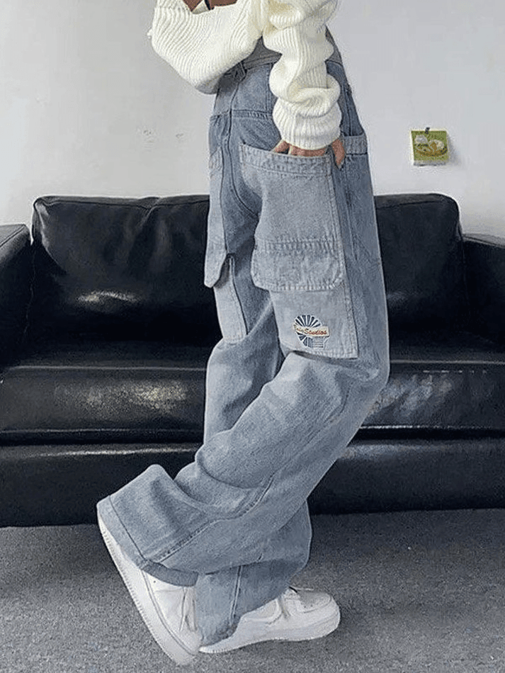 Style Core Aesthetics, New Style Trends - Jean cargo vintage à délavage clair et patchwork