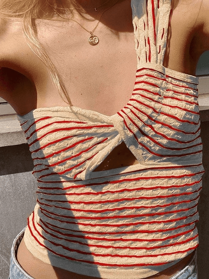 Style Core Aesthetics, New Style Trends - Knitted Stripe One Shoulder Tank Top