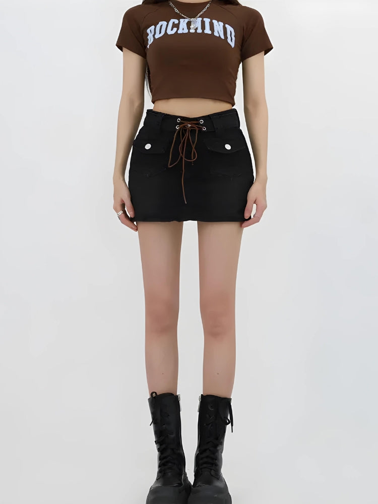 Style Core Aesthetics, New Style Trends - Lace Up Belted Denim Mini Skort