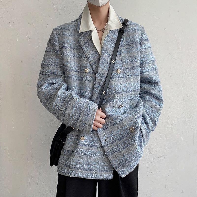 Style Core Aesthetics, New Style Trends - Lapel Collar Blue Tweed Blazer