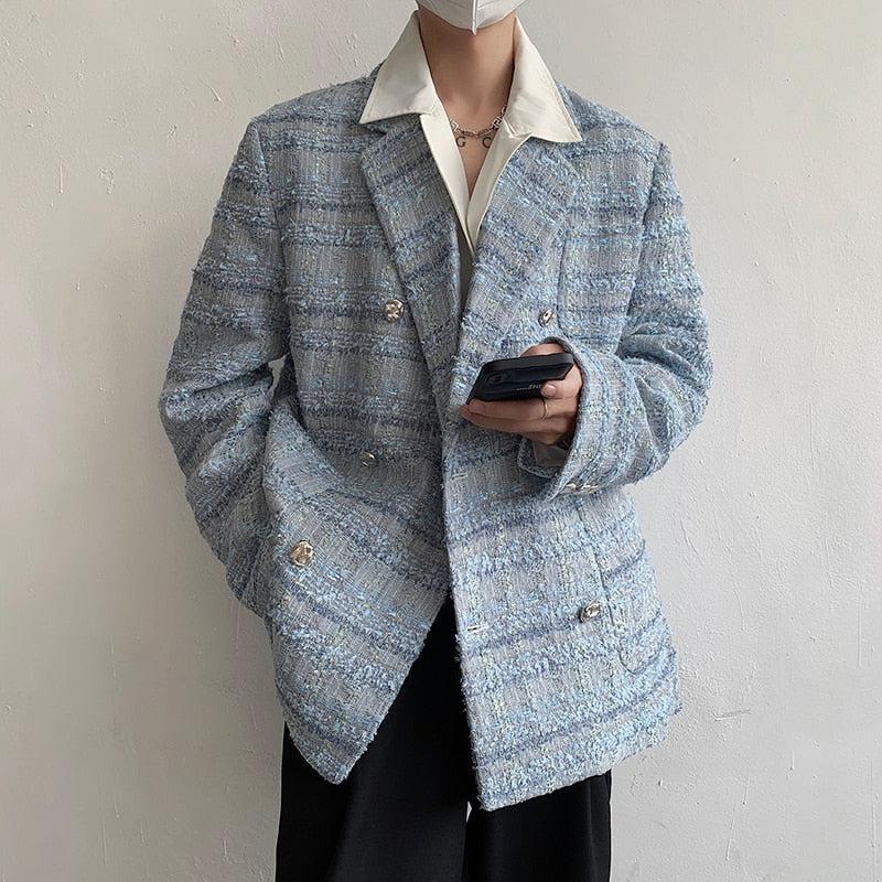 Style Core Aesthetics, New Style Trends - Lapel Collar Blue Tweed Blazer