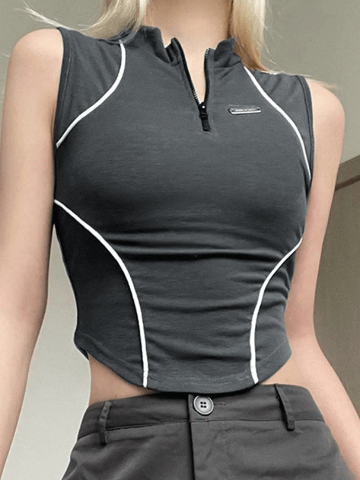 Style Core Aesthetics, New Style Trends - Piping Detail Half Zip Cropped Tank Top