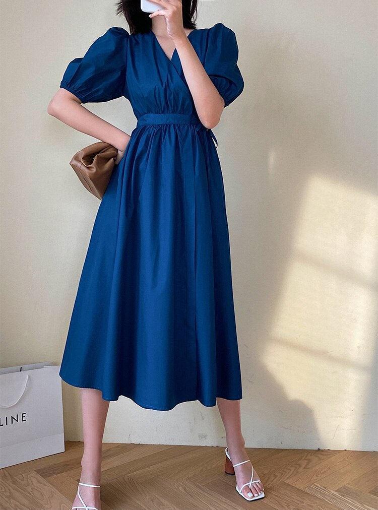 Style Core Aesthetics, New Style Trends - Puff Sleeve Wrap Midi Dress Style Core Aesthetics, New Style Trends - Puff Sleeve Wrap Midi Dress