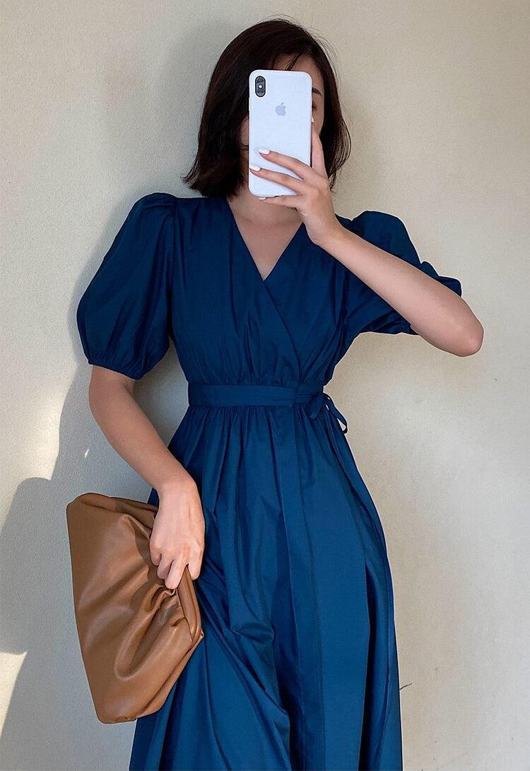 Style Core Aesthetics, New Style Trends - Puff Sleeve Wrap Midi Dress