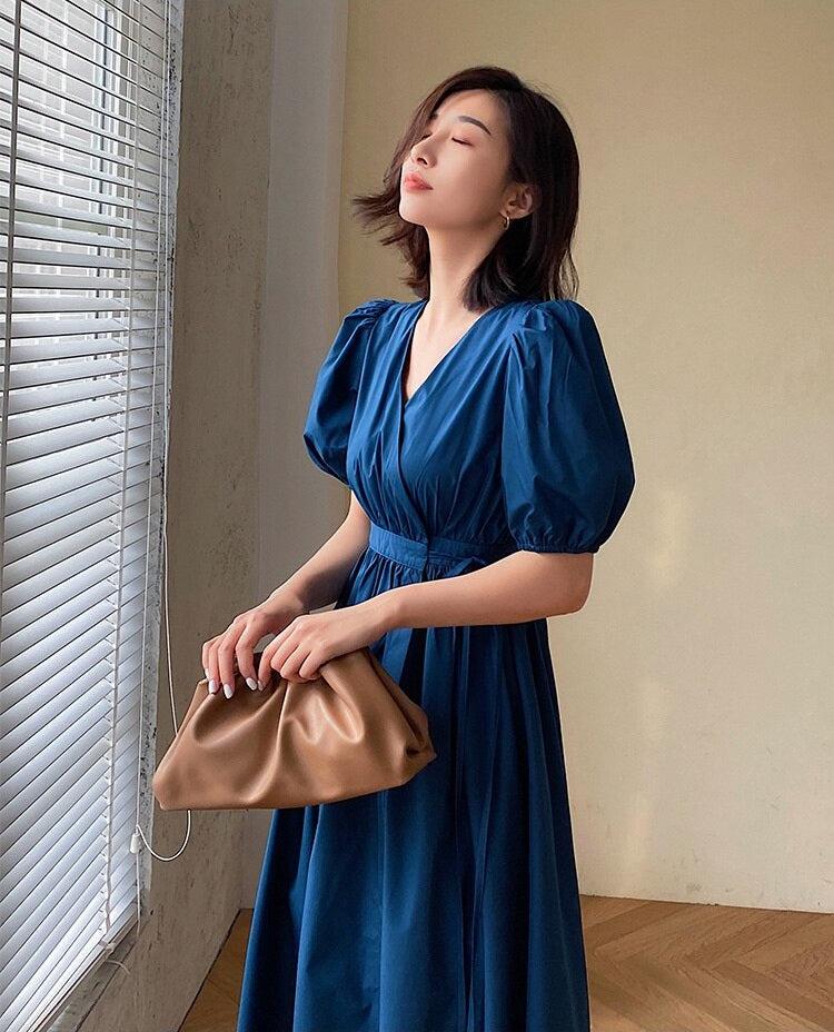 Style Core Aesthetics, New Style Trends - Puff Sleeve Wrap Midi Dress