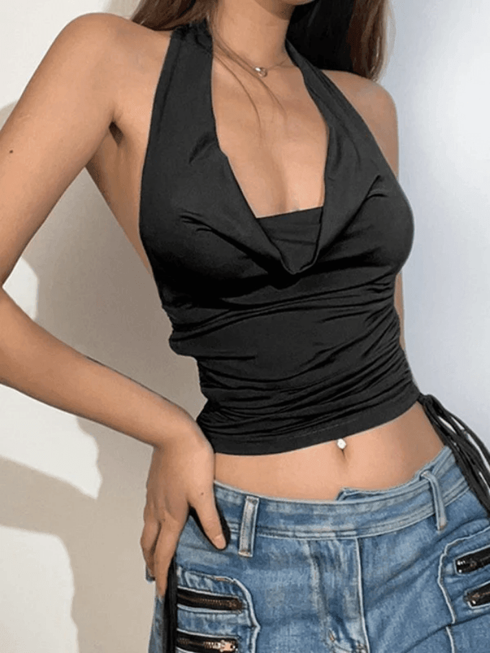 Style Core Aesthetics, New Style Trends - Side Tie Ruched Halter Cropped Tank Top