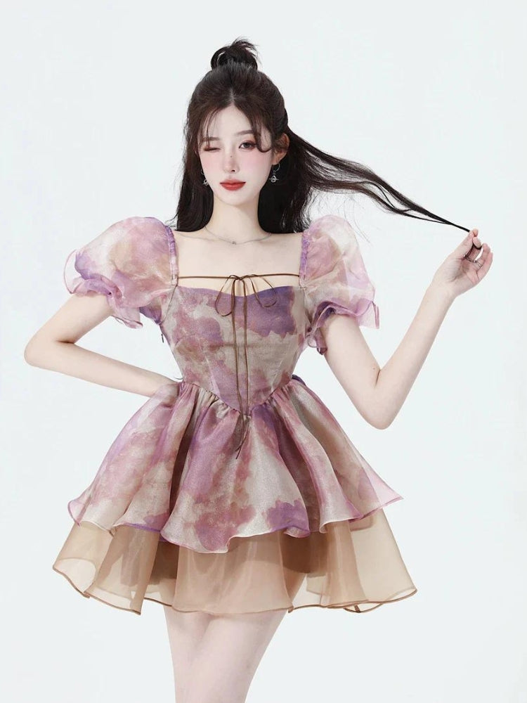 Style Core Aesthetics, New Style Trends - Soft Girl Puff Sleeve Layered Mini Dress