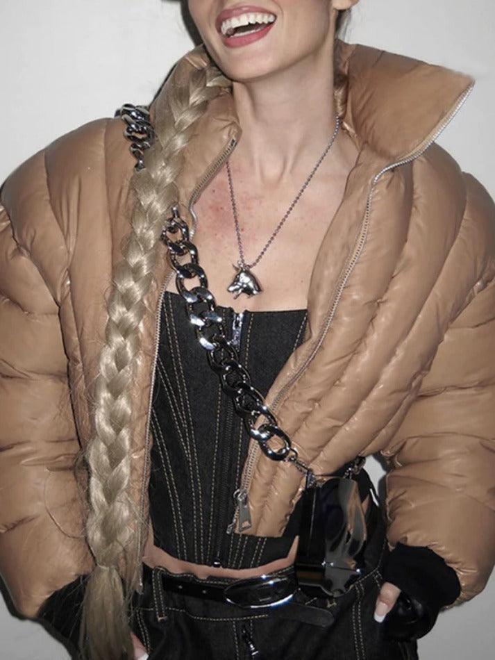 Style Core Aesthetics, New Style Trends - Solid Collar Neck Slim Zip Up Short Jacket