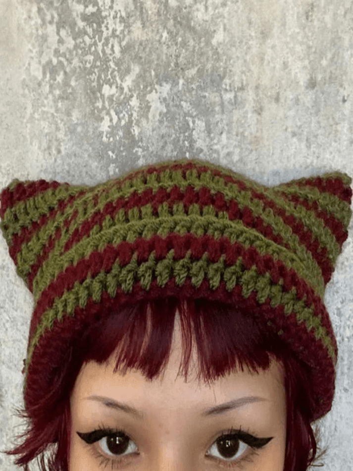 Style Core Aesthetics, New Style Trends - Striped Knit Hat with Handmade Horn Accent