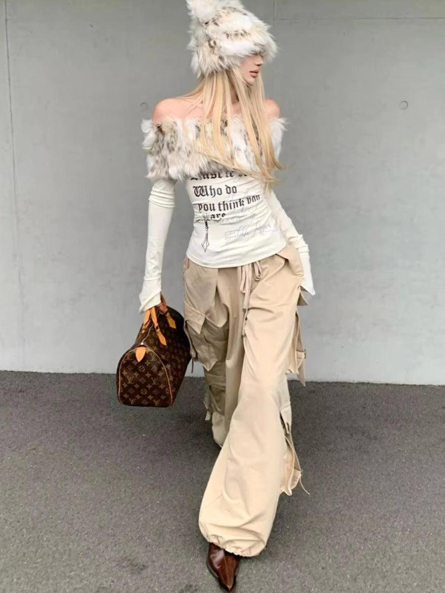 Style Core Aesthetics, New Style Trends - Top Épaules Dénudées Y2K Grunge à Col en Fausse Fourrure