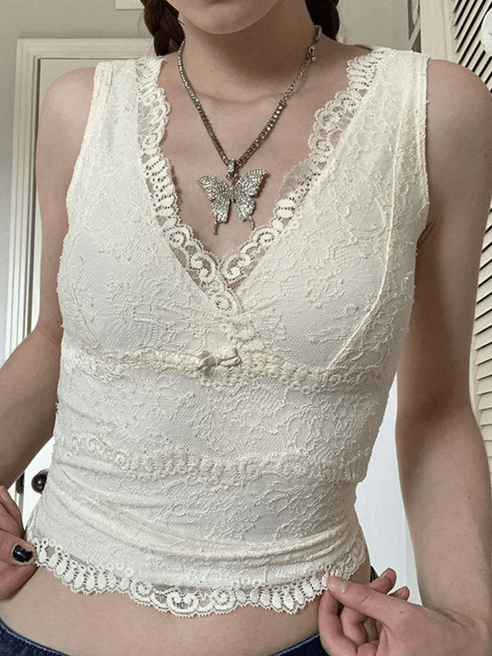 Style Core Aesthetics, New Style Trends - V Neck Lace Crop Tank Top
