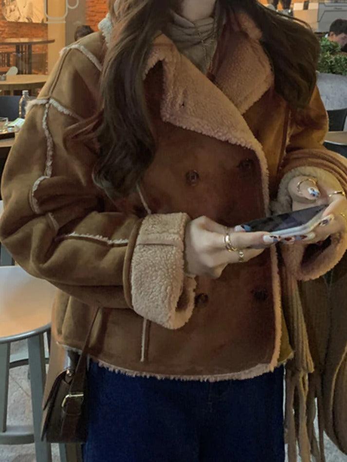 Style Core Aesthetics, New Style Trends - Vintage Brown Lambswool Splice Short Jacket