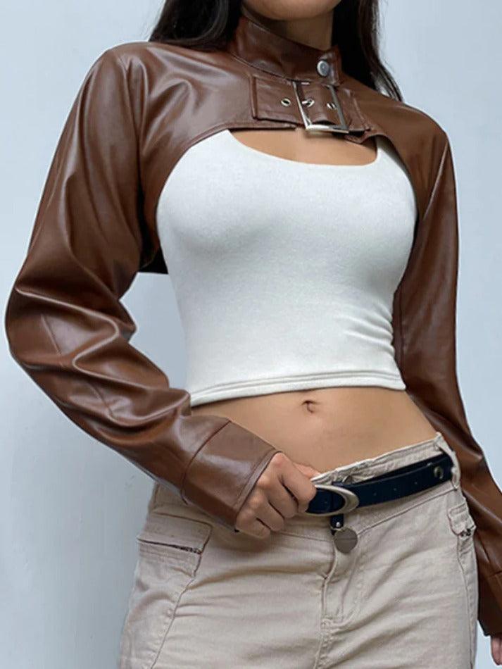 Style Core Aesthetics, New Style Trends - Vintage Brown Ultra Short Metal Buckle Leather Jacket