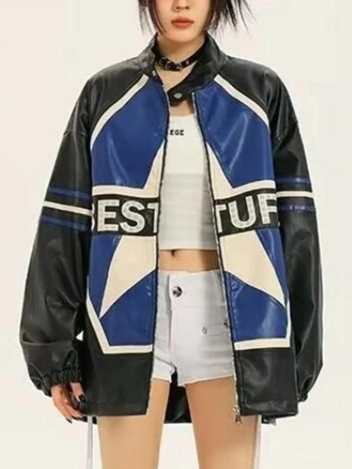Style Core Aesthetics, New Style Trends - Vintage Contrast Color Star Leather Loose Jacket