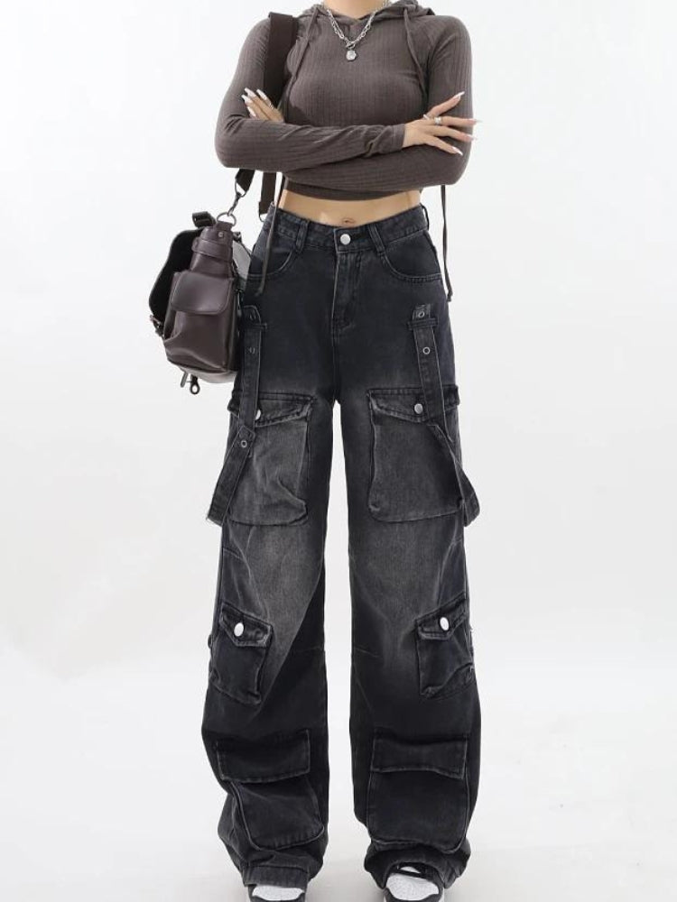 Style Core Aesthetics, New Style Trends - Y2K Belted Dark Wash Cargo Jeans