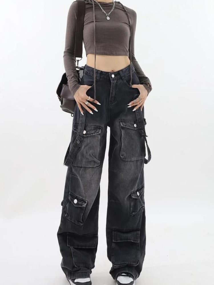 Style Core Aesthetics, New Style Trends - Y2K Belted Dark Wash Cargo Jeans